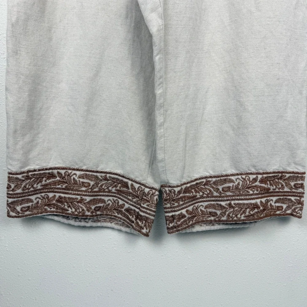 J. Jill Linen Blend Wide Leg Crop Pants Oatmeal Brown Embroidered‎ Hem Large P